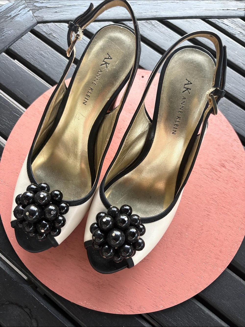 Anne Klein Black and White Slingback Peep-Toe Pumps with Beaded Cluster
